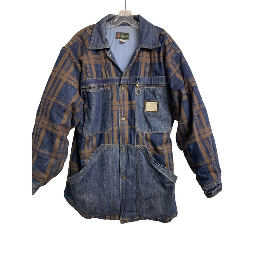 Vintage Rococo L Cotton Plaid‎ Denim Patchwork Jacket Winter Heavy